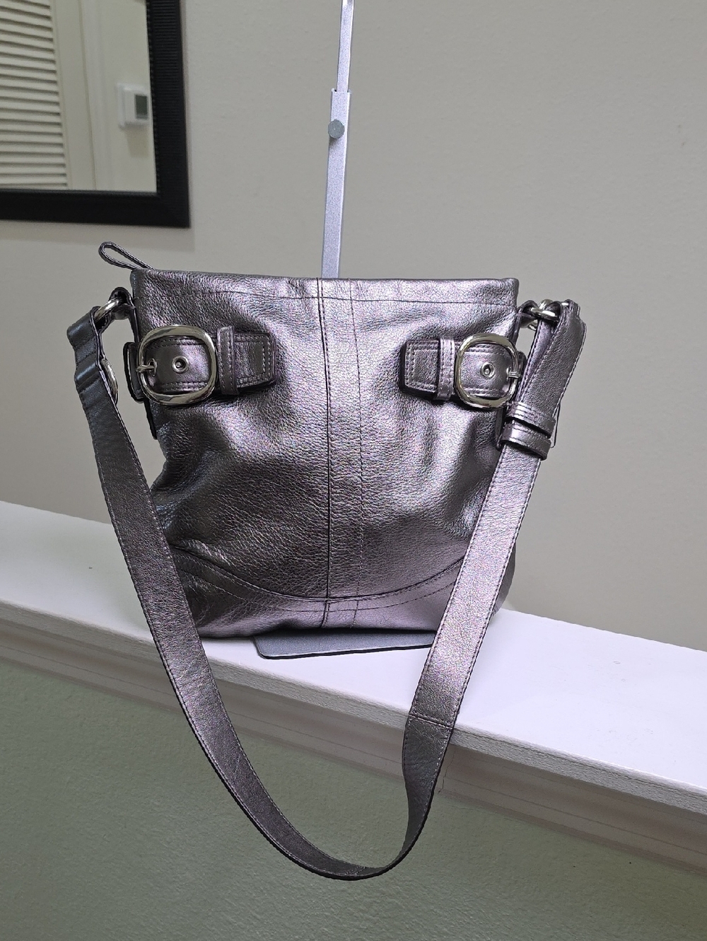 COACH F16514 Gunmetal Gray Metallic Leather Adjustable Crossbody Bag EUC